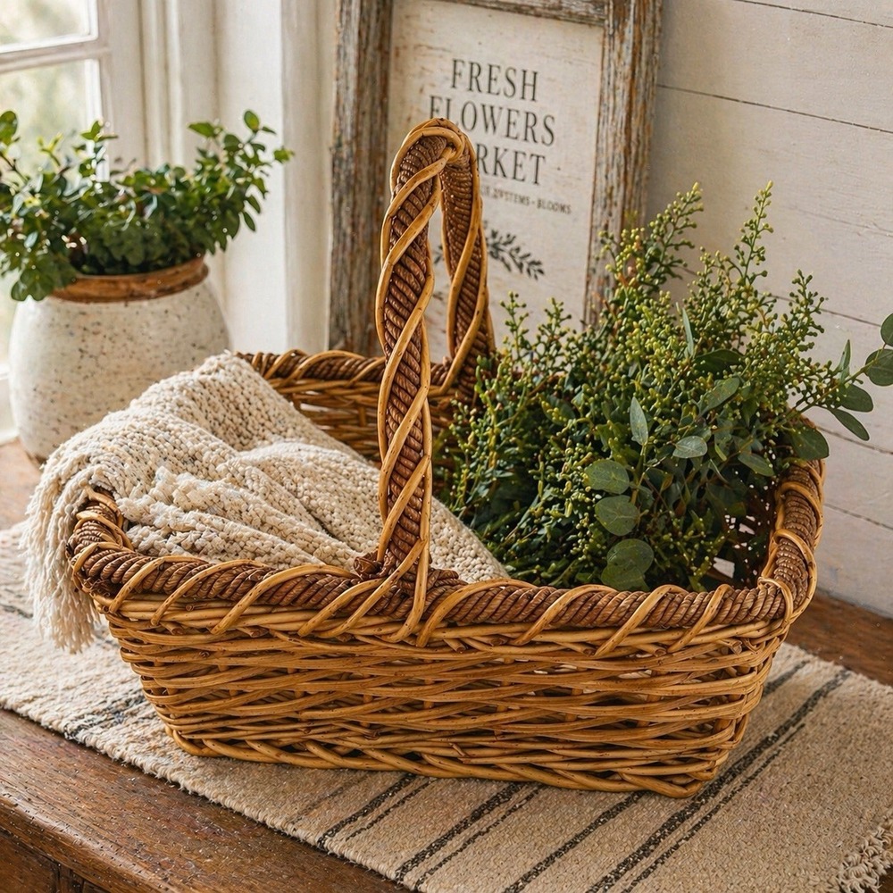 VTG Wicker Gathering Basket Large Twisted Handle Rustic Farmhouse Decor Storage